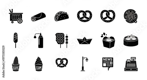 A set of black and white vector icons depicting various food and street items