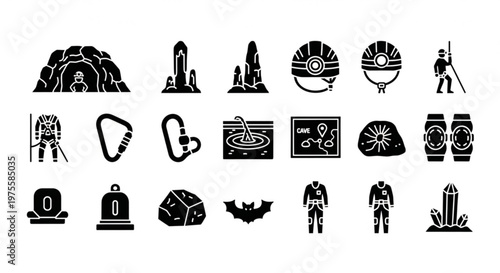 A collection of black and white vector icons depicting various fantasy and science fiction symbols