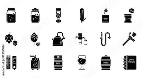 A set of black and white vector icons depicting various elements of craft beer brewing and production
