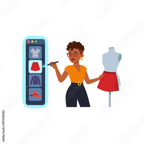 A woman interacts with a digital fashion design interface next to a dress form.
