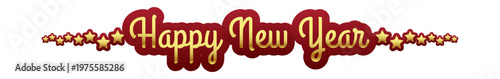 Happy New Year gold lettering with red shadow and stars. Luxury holiday happy new year wide banner isolated on white. Elegant winter new year header for greeting cards, posters and seasonal promotions