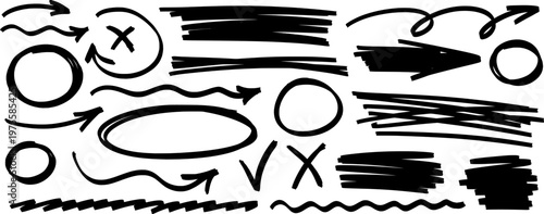 Soft hand drawn sketch with highlight and marker accents, arrow moves along the line, pen and pencil create underline, stroke and shape.