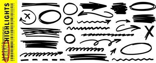 Clear hand drawn sketch where highlight and marker stand out, arrow moves across the line, pen and pencil form underline, stroke and shape.