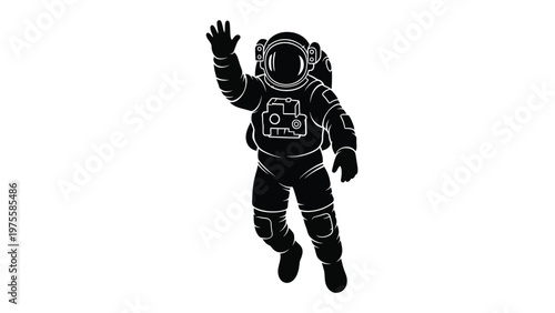 Silhouette of an astronaut in a space suit waving a hand while floating in the deep dark space