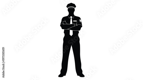 Standing police officer silhouette with crossed arms wearing uniform and service cap