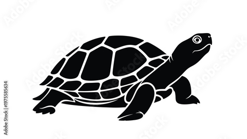 Stylized black and white silhouette of a walking turtle with detailed shell pattern