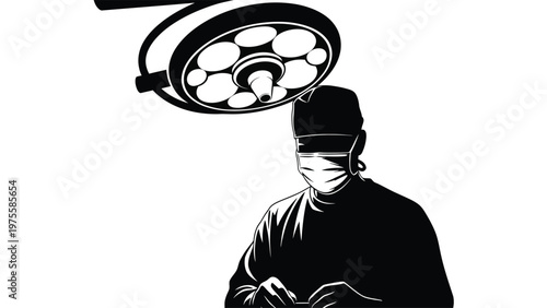Surgeon silhouette standing under surgical operating room light in medical hospital setting