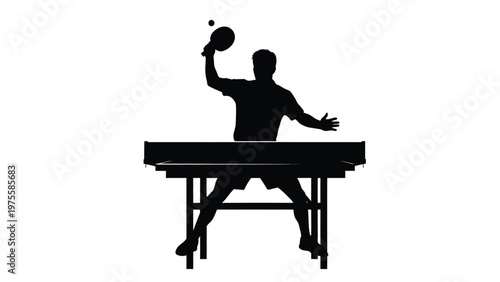 Table tennis player silhouette preparing to hit a ping pong ball isolated on white background view