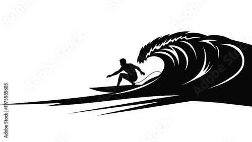 Surfer riding a massive crashing ocean wave in a dynamic black and white silhouette