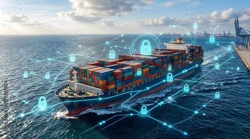 Large cargo ship sailing across open ocean with glowing digital data network overlay and security lock icons representing smart logistics international shipping and cyber security in maritime trade.