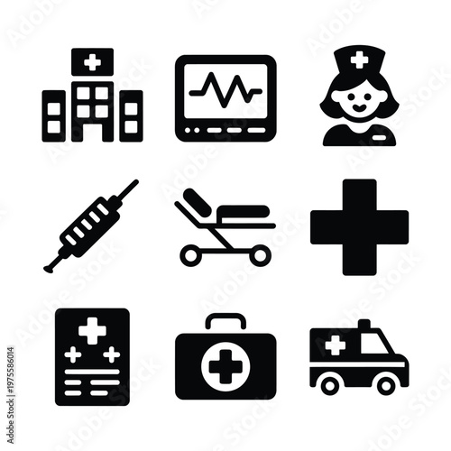 Medical care and healthcare icon set including hospital building ambulance syringe stretcher and first aid equipment silhouettes.