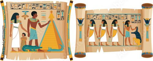 Ancient Egyptian papyrus scrolls with hieroglyphs and pharaoh figures illustration
