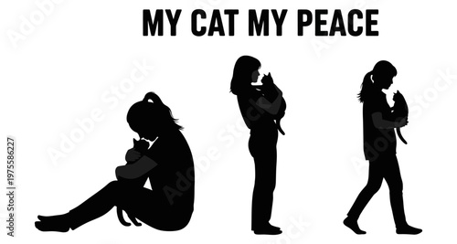 Silhouette of a girl holding a cat in different poses symbolizing peace and comfort