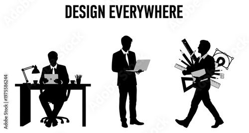 Silhouette of designers at work and in motion with creative tools and technology