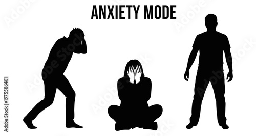 Silhouettes depicting anxiety and stress in different poses against a white background