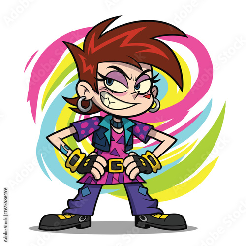 Bold cartoon punk girl character with colorful swirl backdrop