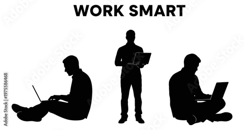 Silhouettes of a man working on a laptop in various relaxed poses against a white background