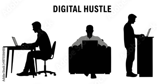 Silhouettes of a person working on a laptop in three different positions for digital hustle concept