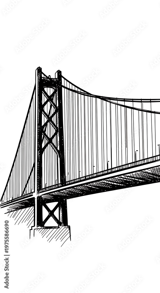 Fototapeta premium Detailed illustration of suspension bridge structure.