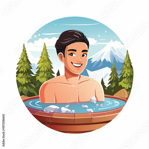 Man enjoying a hot tub in nature against a mountain and forest backdrop