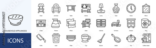 HOUSEHOLD APPLIANCES  Icon Set Collection Pack Vector Illustration Concept. Containing Chair, armchair, Table, interior, Lamp icon
