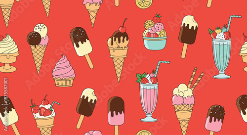 Vibrant red seamless pattern filled with various sweet treats like ice cream cones popsicles milkshakes and cupcakes with toppings.