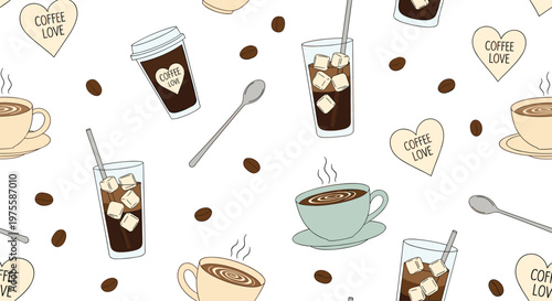 Charming seamless pattern of various coffee related items such as mugs to go cups beans hearts and spoons on a white background.