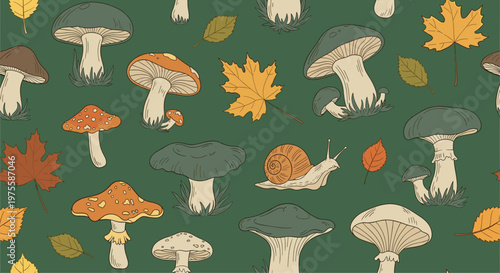 Beautiful autumn themed seamless pattern featuring different types of mushrooms snails and falling maple leaves on a dark green background.