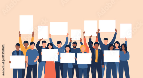 Large group of diverse people standing together and holding up blank white protest signs for a social cause or demonstration.