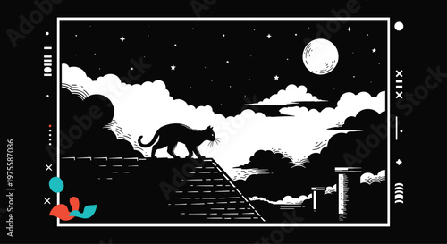 Artistic black and white woodcut style illustration of a cat walking on a rooftop under a full moon and starry night sky.