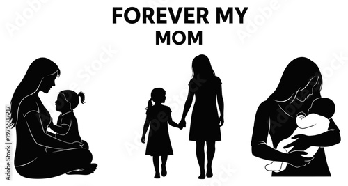 Silhouettes of mothers and children bonding in moments of love and connection