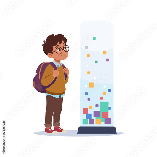 A boy with a backpack stands beside an interactive digital display screen.