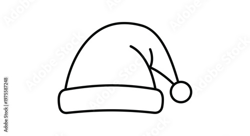 Simple black line drawing of a traditional Santa Claus hat with a fluffy trim and a pom pom on the end of the curved top.