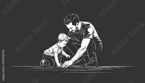 Father and Son Working Together Illustration.