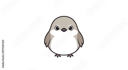 Adorable illustration of a small round bird with brown and white feathers looking forward with large friendly eyes on white background.