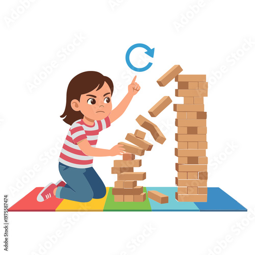 A young girl building and accidentally destroying a tower made of blocks on a colorful mat.