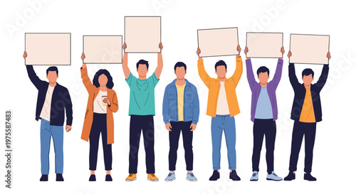 Diverse group of people standing together and holding up various blank protest signs or message boards for customizable text on white.