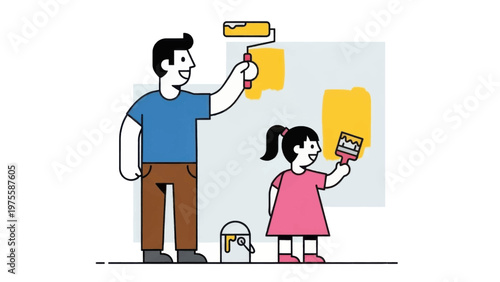 Man and Girl Painting Together with Brushes.