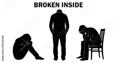 Silhouettes of people in despair against a white background with the text broken inside