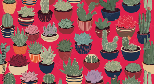 Seamless pattern of various potted succulents and cacti on a bright red background, featuring different leaf shapes and colorful pot designs.