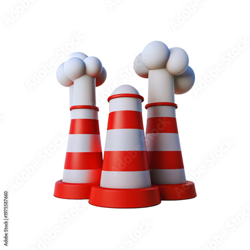 3D Industrial Smoke Chimney Stack Power Plant Pumping Pollution Isolated on Transparent Black Background