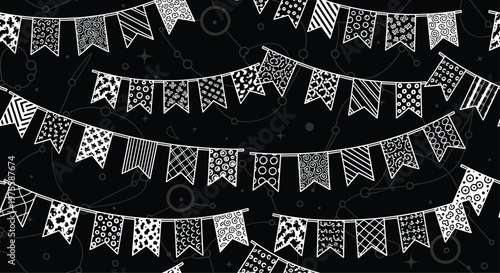 Seamless pattern of black chalkboard background with white hand-drawn bunting flags decorated with various intricate decorative patterns.