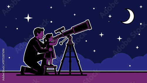 Man Observing Stars Through Telescope at Night.