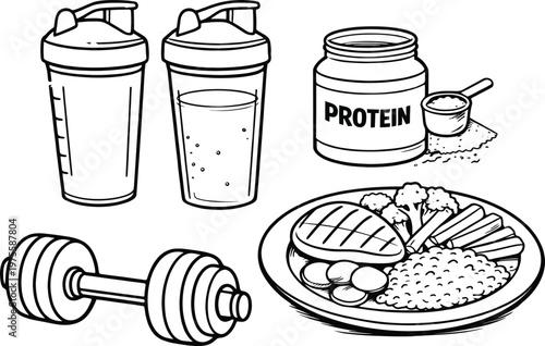 Isometric set of health and fitness objects including supplements, scales, blender, and meal prep containers
Collection of various protein shaker bottles, highlighting different features and functiona