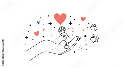 Illustration of a human hand gently holding a small animal paw surrounded by red hearts, black stars, and decorative paw print motifs.