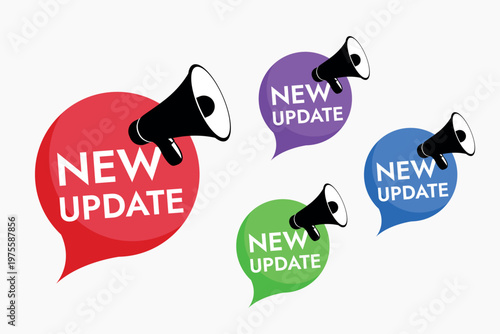 New Update Icon Set with Megaphone and Speech Bubbles, Software Release Notification Vector