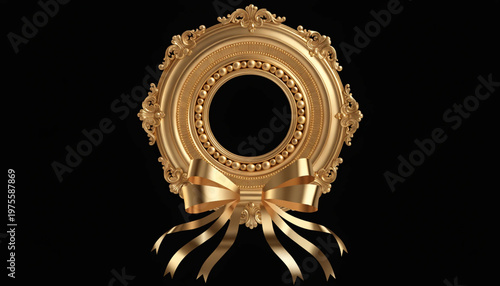 Golden ornate circular frame with decorative ribbon on black background