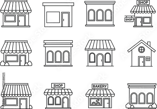 Storefront line icons vector set with shops bakery buildings retail facade outline minimal business architecture illustration collection