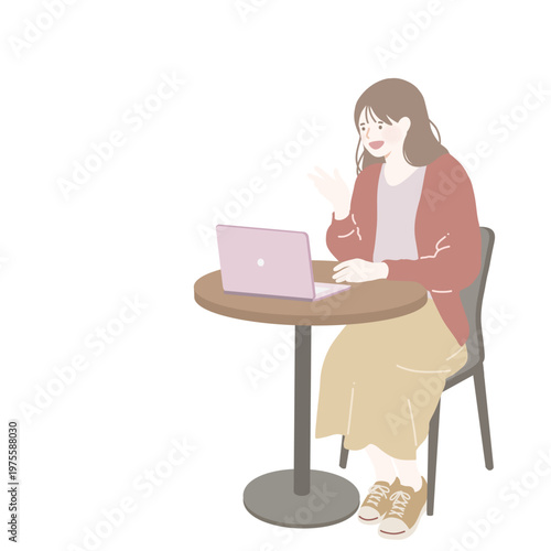 ノートPCを介して会話をしている女性　フラットイラスト　淡色