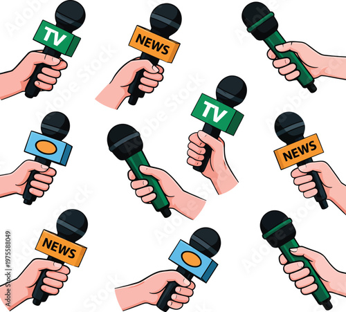 Press Freedom Icon Set Multiple Style Collection
Collection of hands holding outlined microphones with news media and TV labels for press conference journalism broadcasting and public interviews.
